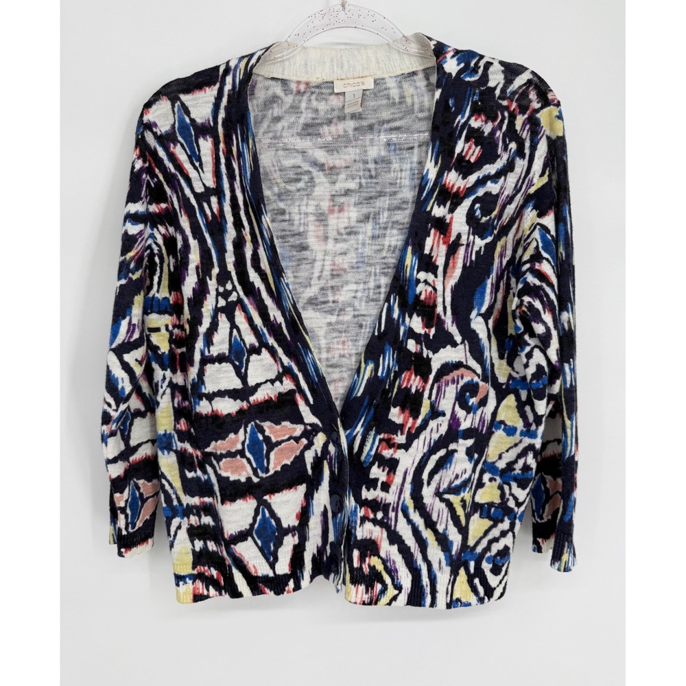 Chico's Women Sz 1/M Abstract Ikat Linen Cotton Knit V-Neck Button Cardigan Navy